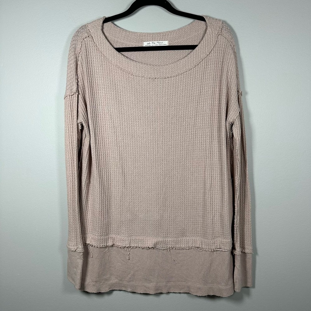 We The Free XSmall Beige Pink‎ Oversized Waffle Knit Long Sleeve Tunic Shirt